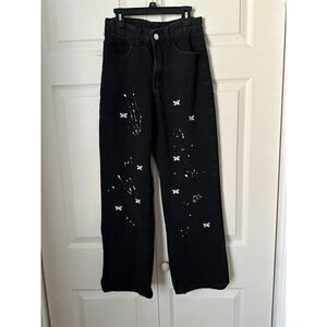 Black Jeans - Size Medium with butterflies and trendy white paint splatter look